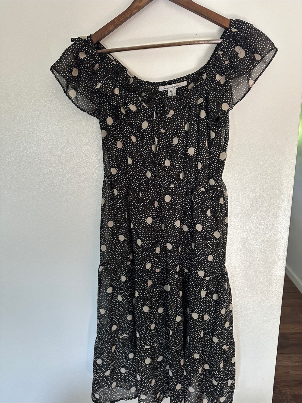 NWOT American Rag Black Midi Dress with Cream Polka Dots